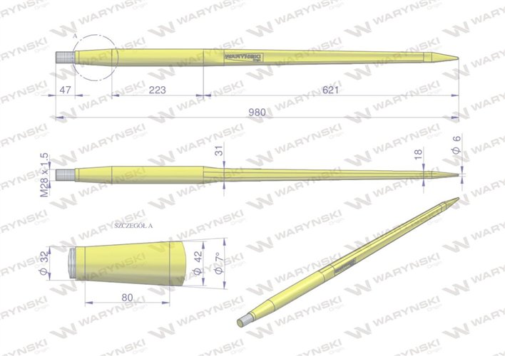 Ząb ładowacza CIĘŻKI uniwersalny prosty L- 980 mm Tur na tuleję W-5791200 WARYŃSKI