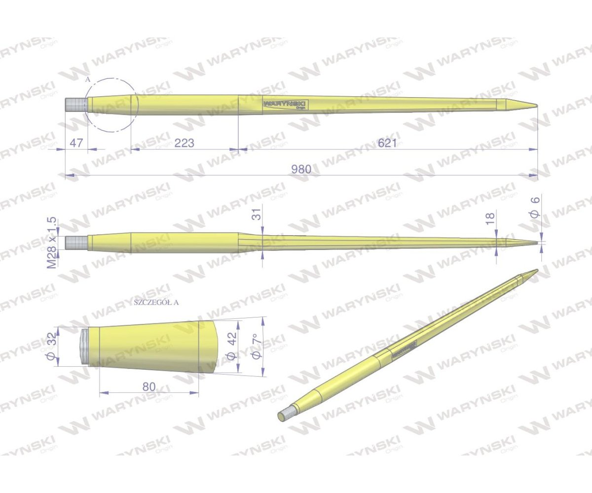Ząb ładowacza CIĘŻKI uniwersalny prosty L- 980 mm Tur na tuleję W-5791200 WARYŃSKI