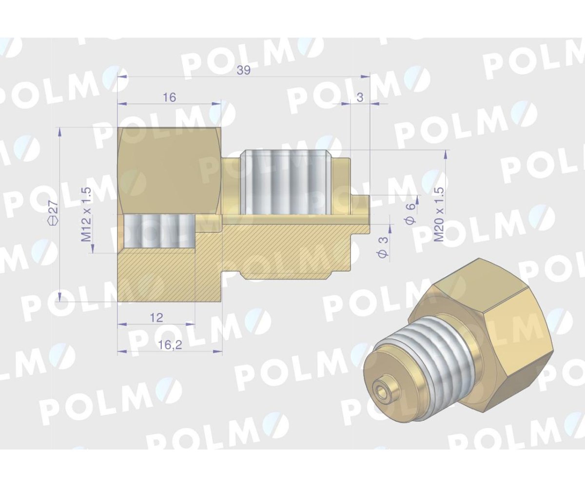 Złączka manometryczna gwint zewnętrzny M20x1.5 x gwint wewnętrzny M12x1.5 (mosiądz) POLMO