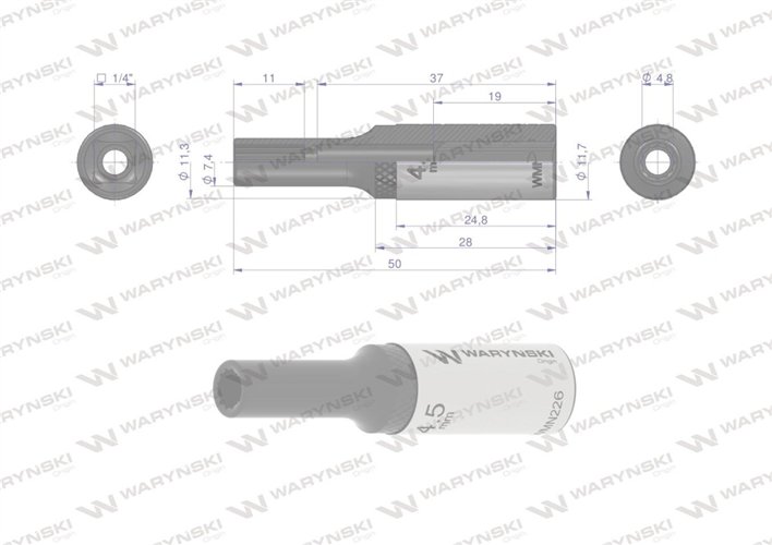 Nasadka dwunastokątna 1/4". 4.5 mm. długa. CrV50BV30. DIN 3124. Waryński