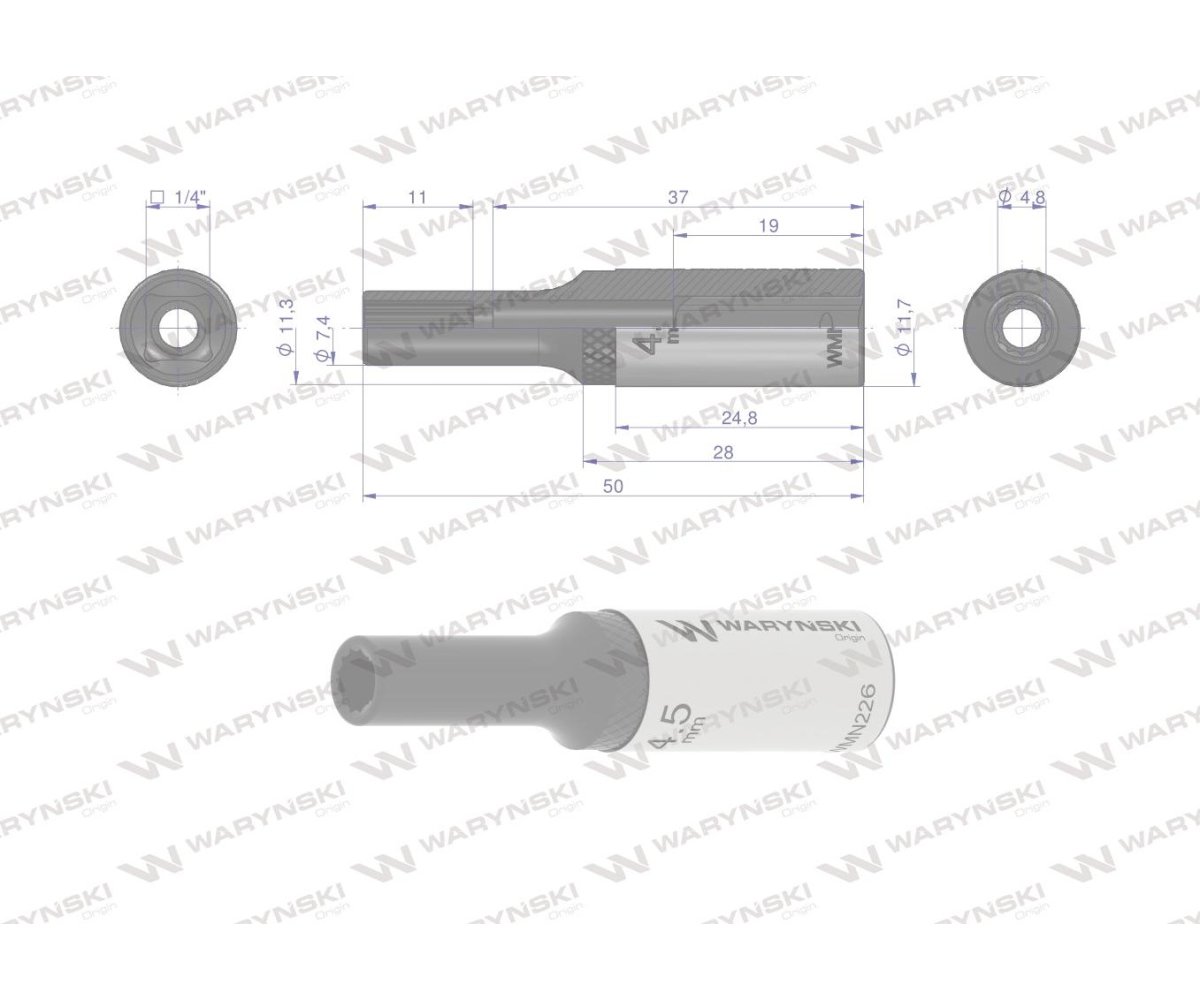 Nasadka dwunastokątna 1/4". 4.5 mm. długa. CrV50BV30. DIN 3124. Waryński
