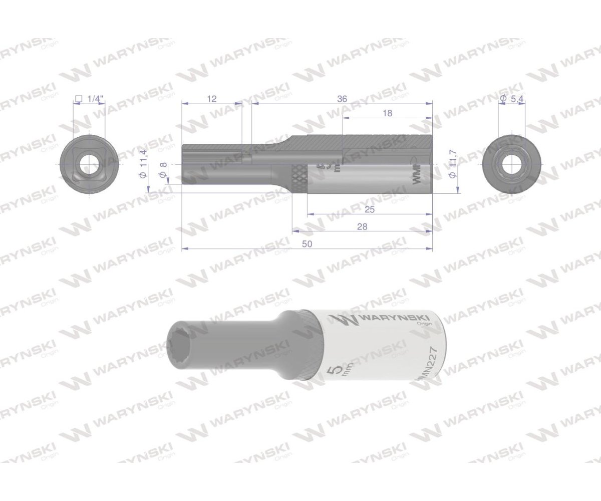 Nasadka dwunastokątna 1/4". 5 mm. długa. CrV50BV30. DIN 3124. Waryński