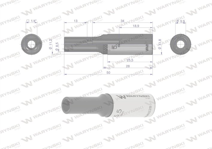 Nasadka dwunastokątna 1/4". 5.5 mm. długa. CrV50BV30. DIN 3124. Waryński