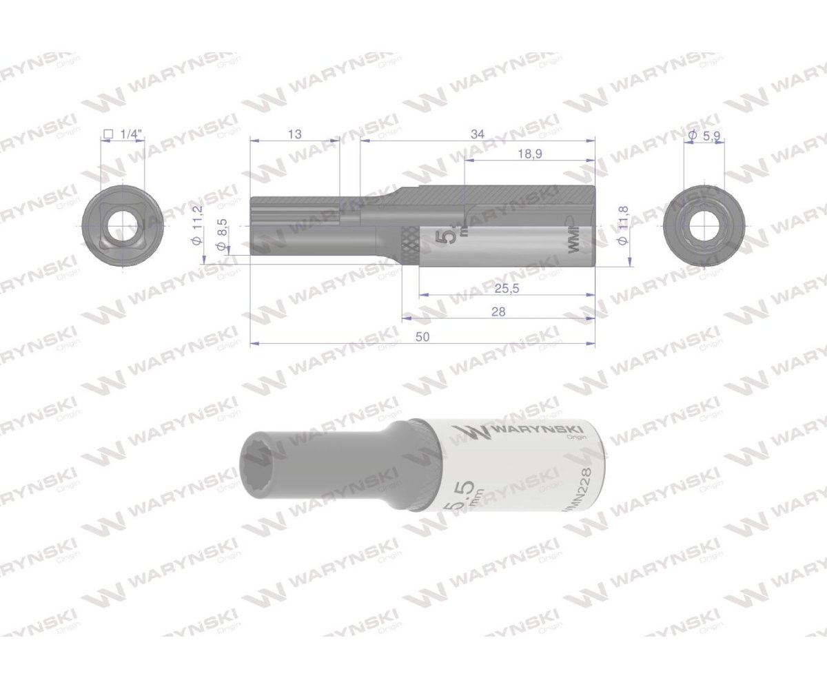 Nasadka dwunastokątna 1/4". 5.5 mm. długa. CrV50BV30. DIN 3124. Waryński