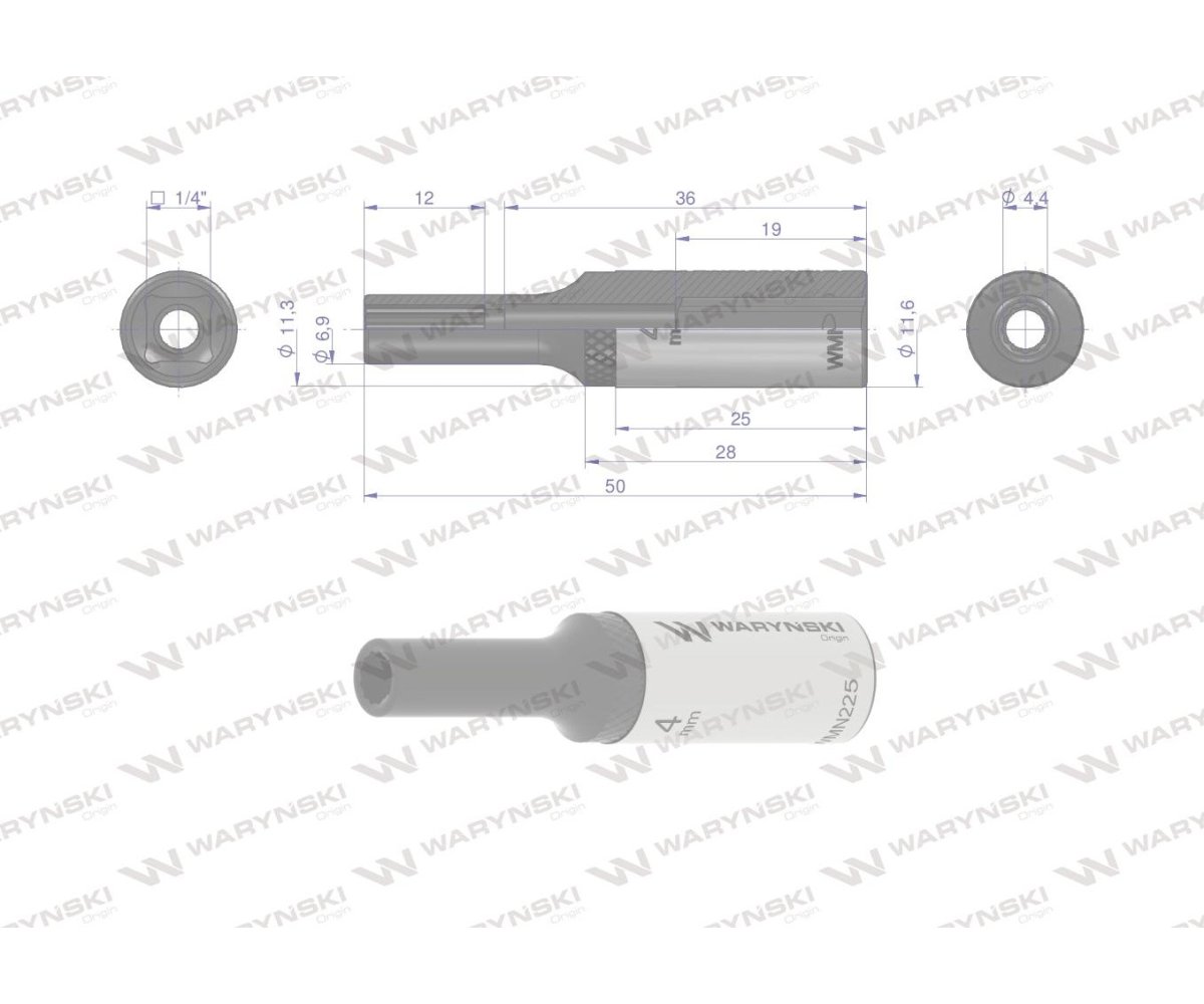 Nasadka dwunastokątna 1/4". 4 mm. długa. CrV50BV30. DIN 3124. Waryński
