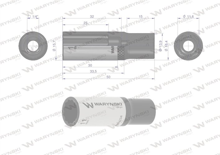 Nasadka dwunastokątna 1/4". 11 mm. długa. CrV50BV30. DIN 3124. Waryński