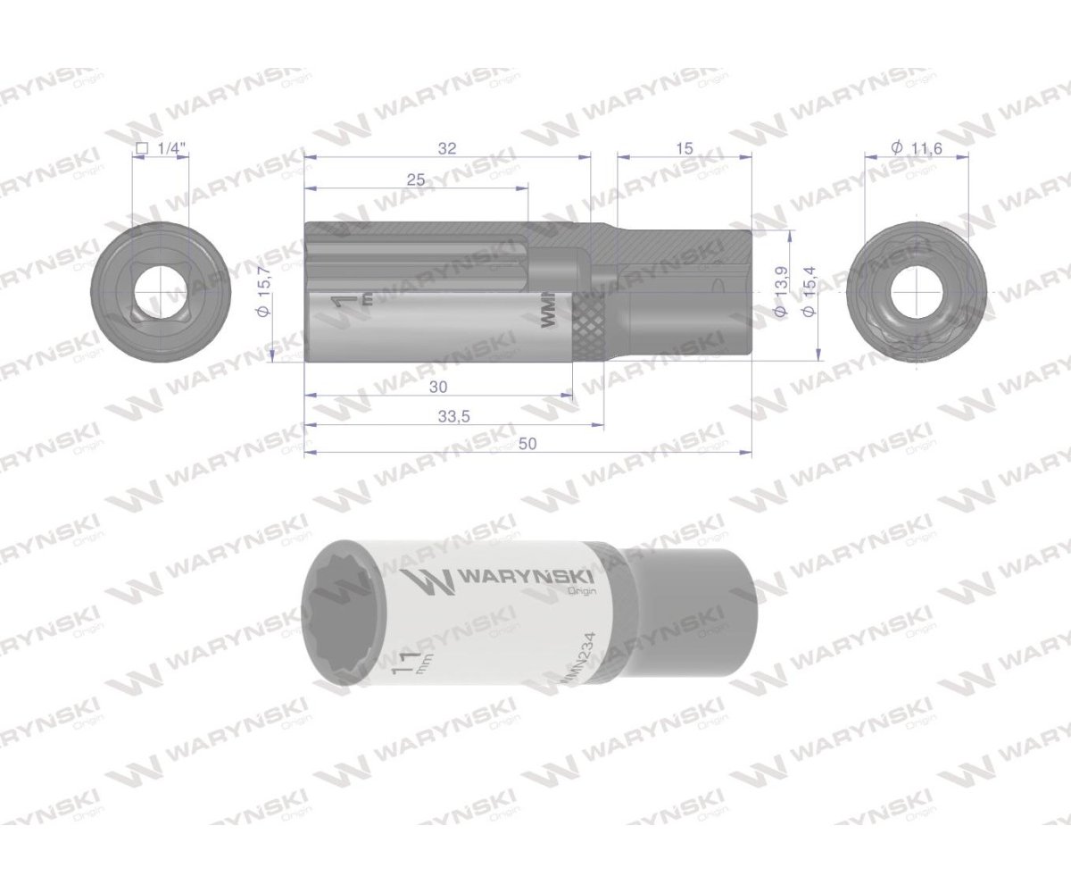 Nasadka dwunastokątna 1/4". 11 mm. długa. CrV50BV30. DIN 3124. Waryński