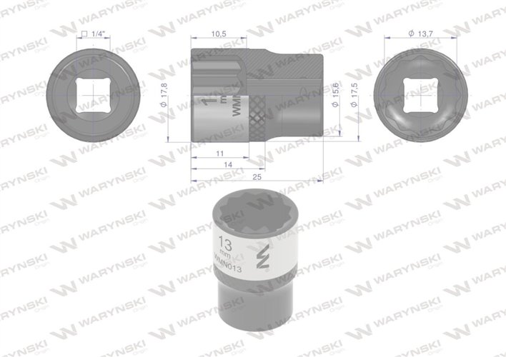 Nasadka dwunastokątna 1/4". 13 mm. CrV50BV30. DIN 3124. Waryński