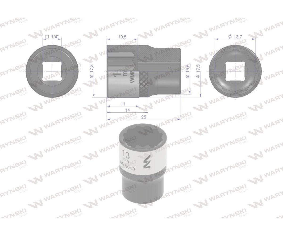 Nasadka dwunastokątna 1/4". 13 mm. CrV50BV30. DIN 3124. Waryński