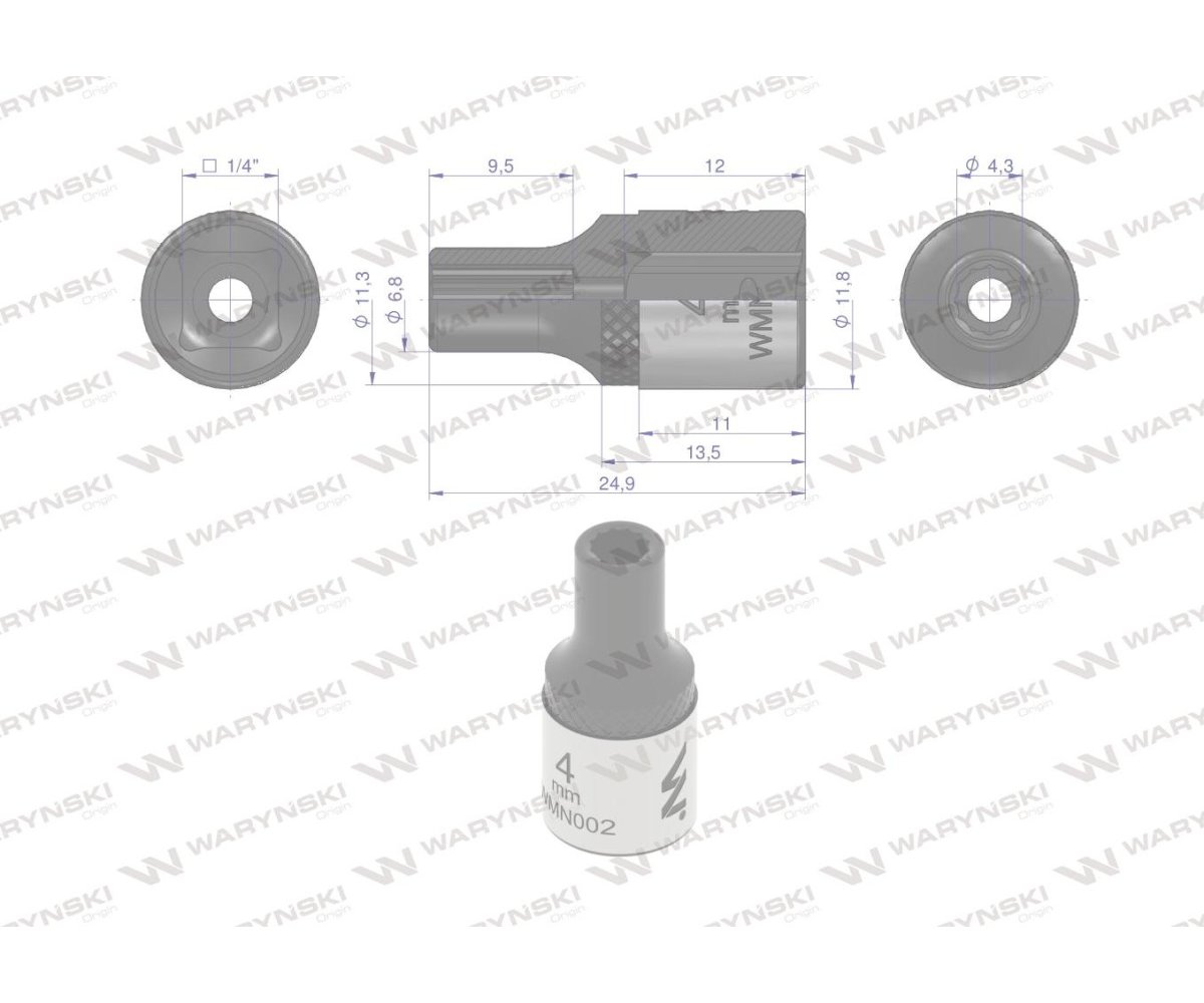 Nasadka dwunastokątna 1/4". 4 mm. CrV50BV30. DIN 3124. Waryński