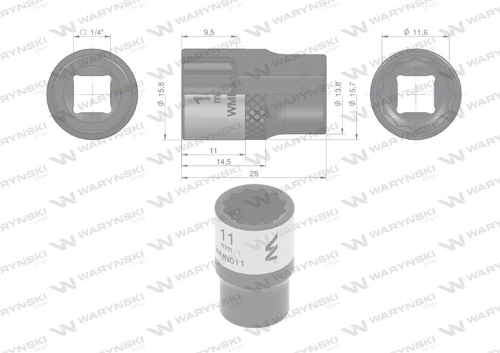 Nasadka dwunastokątna 1/4". 11 mm. CrV50BV30. DIN 3124. Waryński