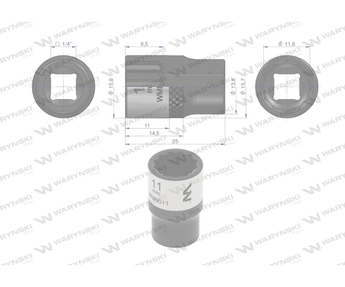 Nasadka dwunastokątna 1/4". 11 mm. CrV50BV30. DIN 3124. Waryński