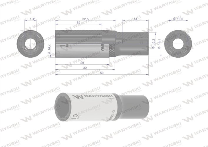 Nasadka dwunastokątna 1/4". 10 mm. długa. CrV50BV30. DIN 3124. Waryński