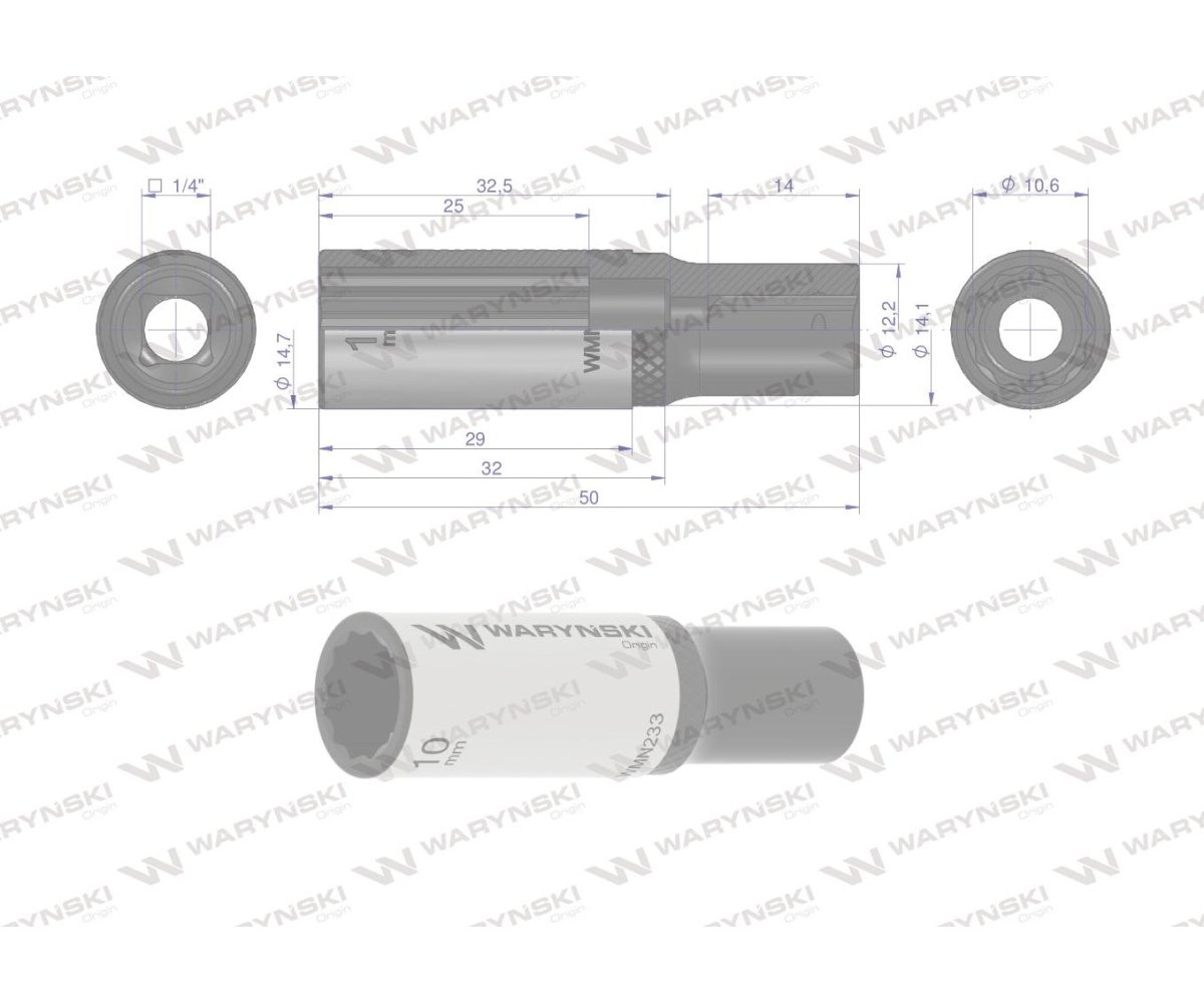 Nasadka dwunastokątna 1/4". 10 mm. długa. CrV50BV30. DIN 3124. Waryński