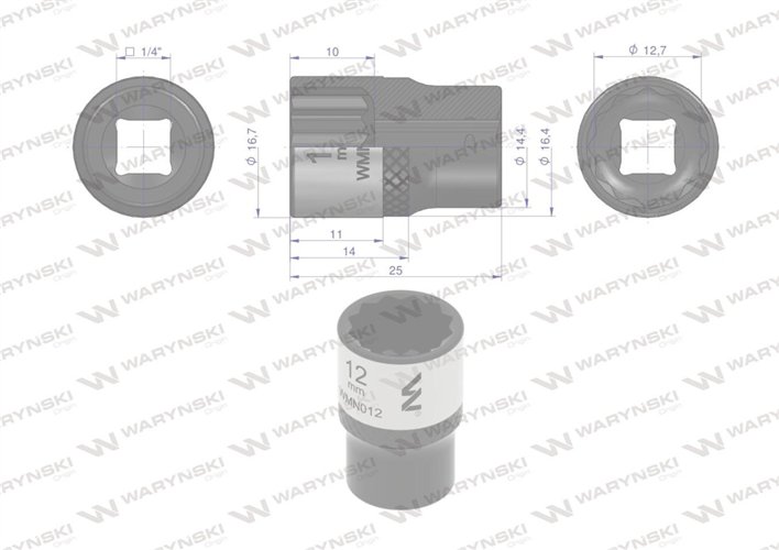 Nasadka dwunastokątna 1/4". 12 mm. CrV50BV30. DIN 3124. Waryński