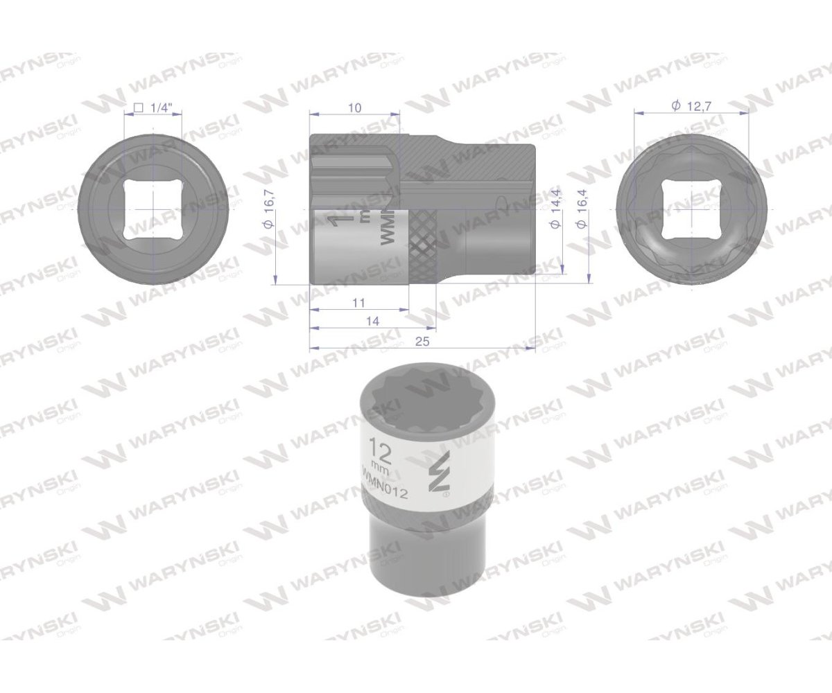 Nasadka dwunastokątna 1/4". 12 mm. CrV50BV30. DIN 3124. Waryński
