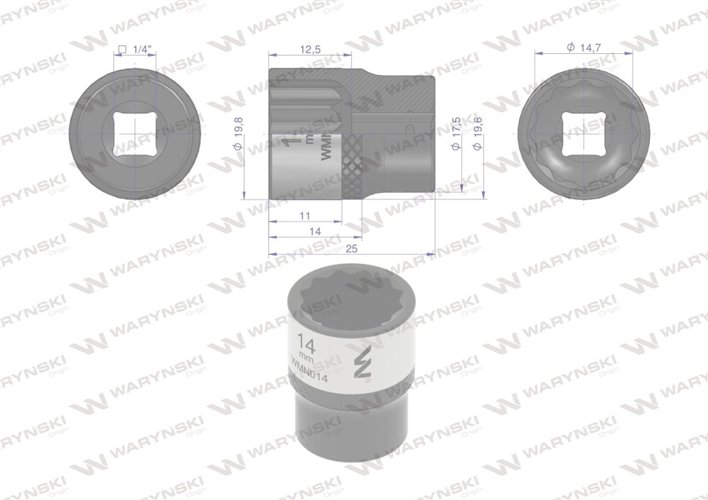 Nasadka dwunastokątna 1/4". 14 mm. CrV50BV30. DIN 3124. Waryński