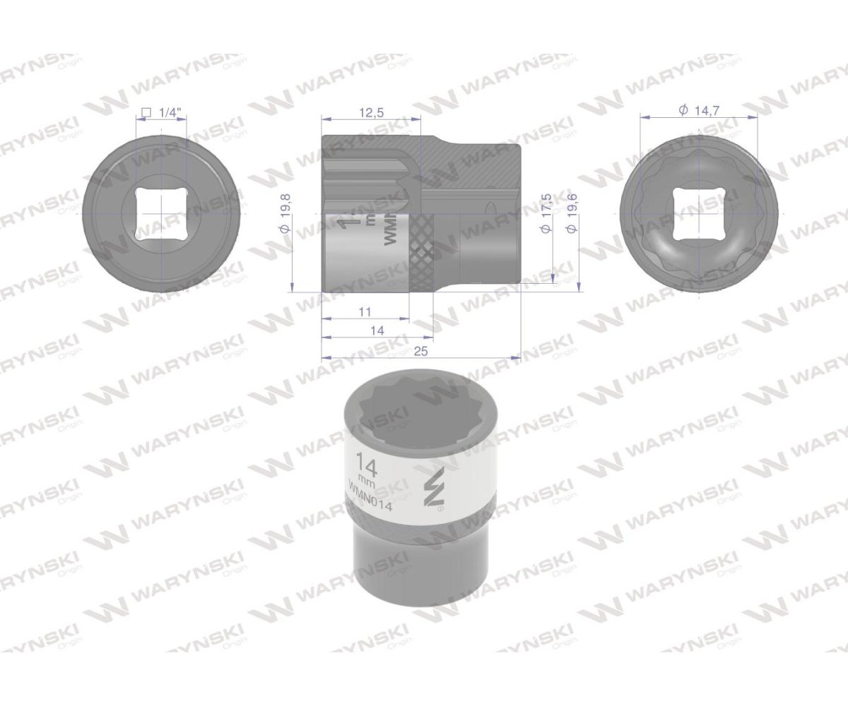 Nasadka dwunastokątna 1/4". 14 mm. CrV50BV30. DIN 3124. Waryński