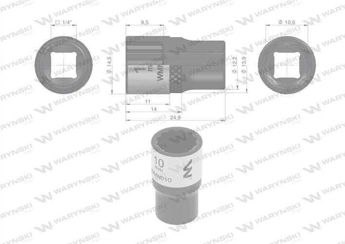Nasadka dwunastokątna 1/4". 10 mm. CrV50BV30. DIN 3124. Waryński