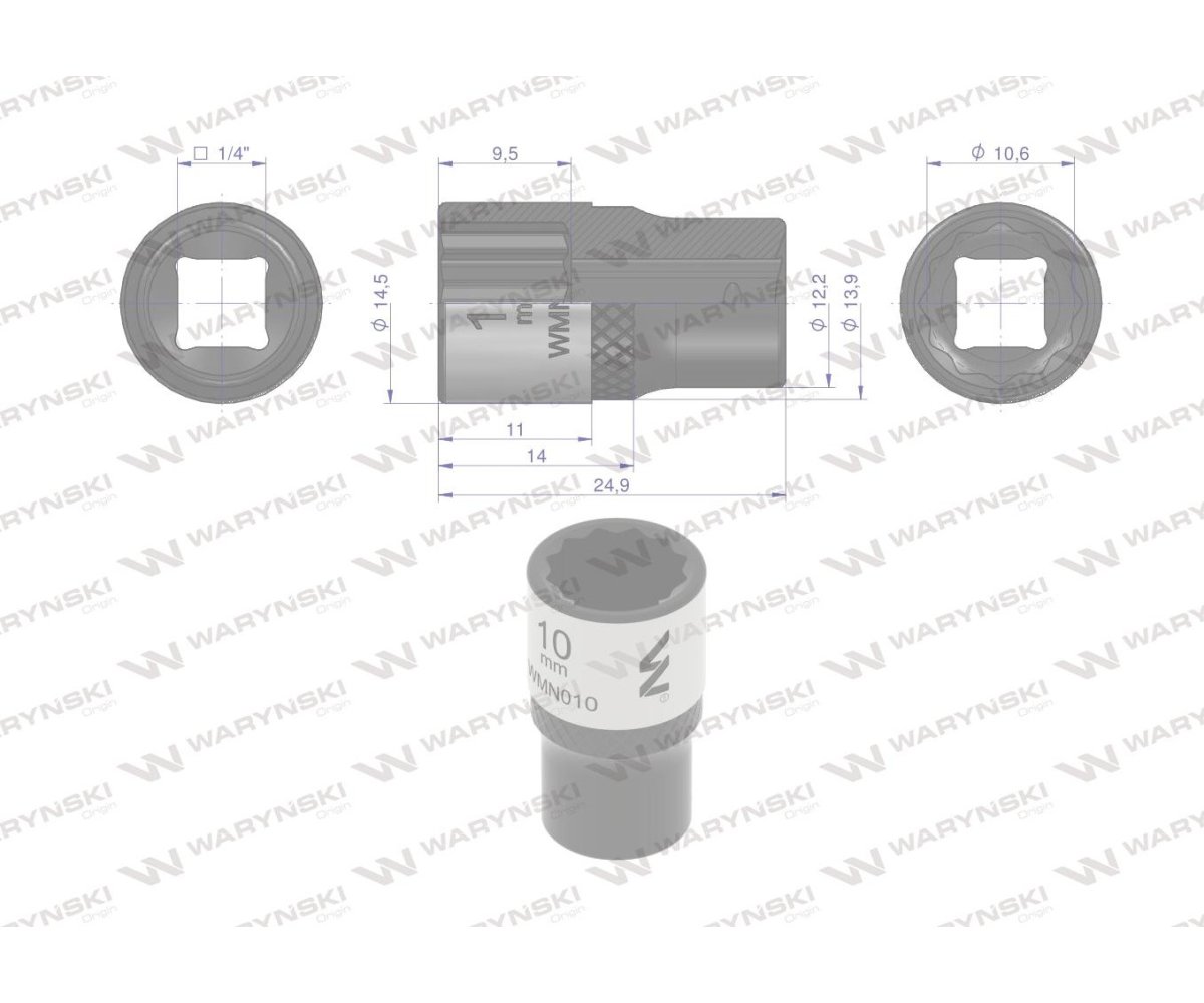 Nasadka dwunastokątna 1/4". 10 mm. CrV50BV30. DIN 3124. Waryński