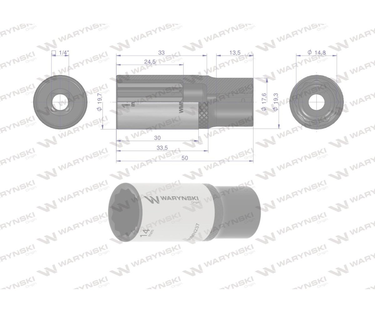 Nasadka dwunastokątna 1/4". 14 mm. długa. CrV50BV30. DIN 3124. Waryński