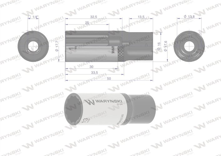 Nasadka dwunastokątna 1/4". 13 mm. długa. CrV50BV30. DIN 3124. Waryński