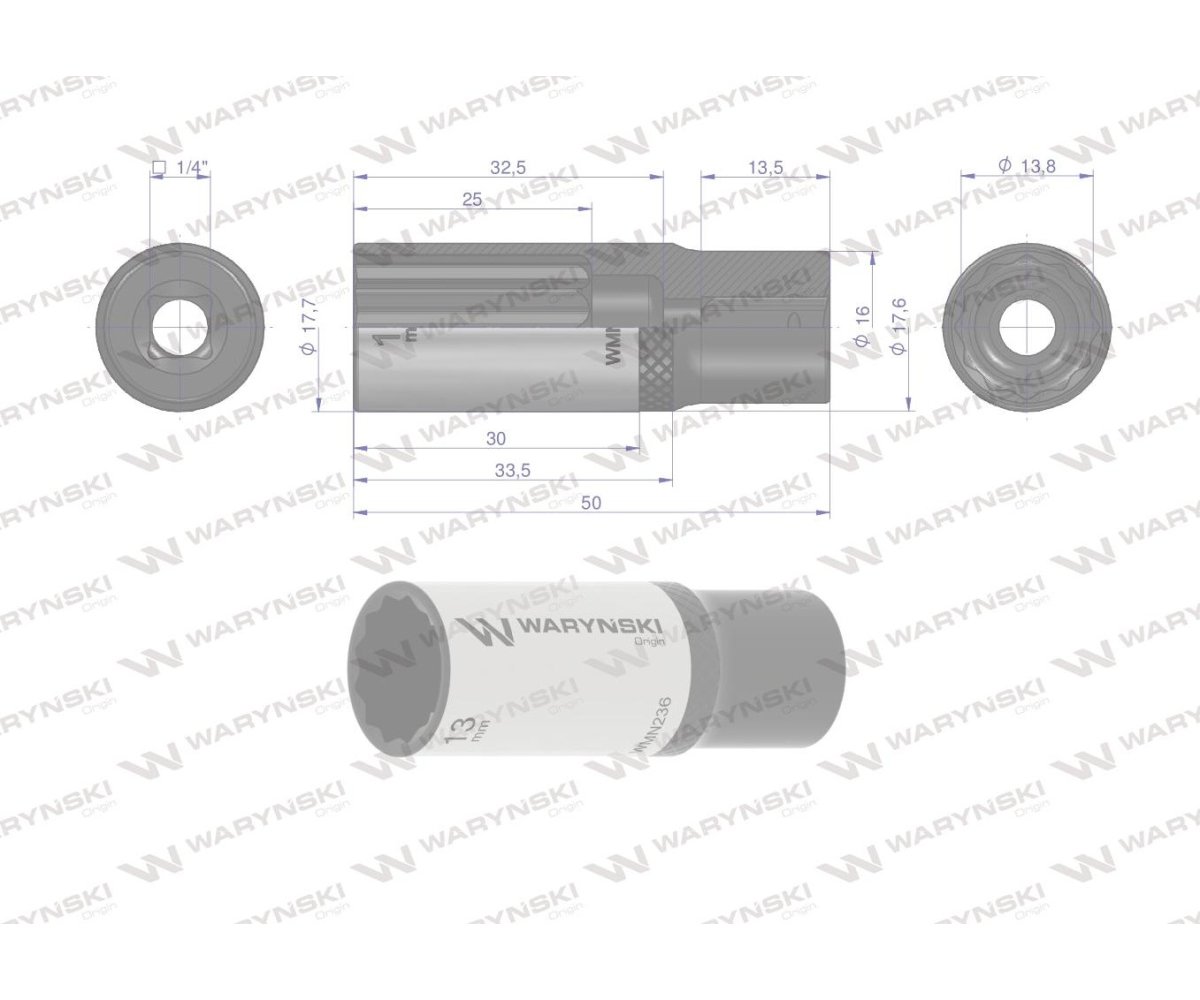 Nasadka dwunastokątna 1/4". 13 mm. długa. CrV50BV30. DIN 3124. Waryński