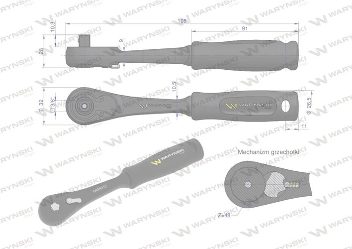 Grzechotka 3/8". 48 T. monolityczny zabierak, Waryński