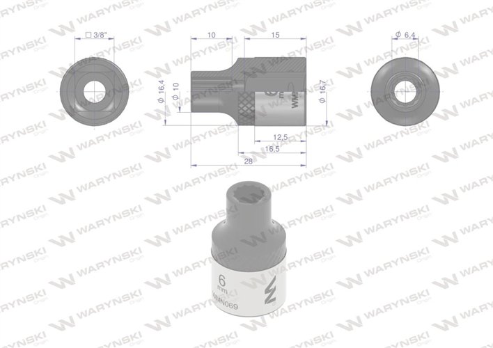 Nasadka dwunastokątna 3/8". 6 mm. CrV50BV30. DIN 3124. Waryński
