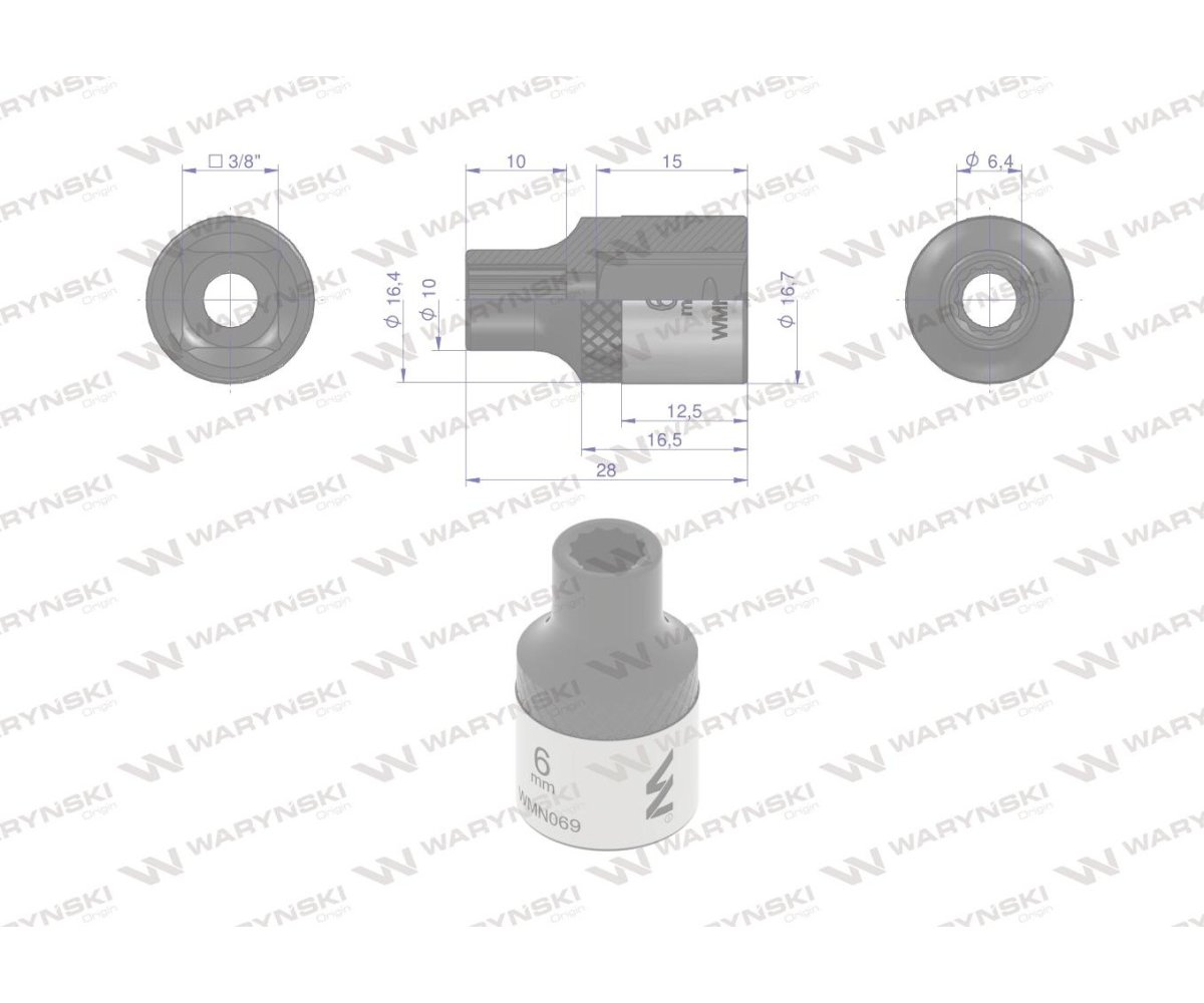 Nasadka dwunastokątna 3/8". 6 mm. CrV50BV30. DIN 3124. Waryński