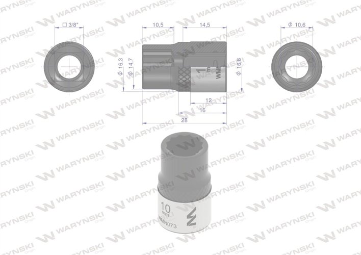 Nasadka dwunastokątna 3/8". 10 mm. CrV50BV30. DIN 3124. Waryński