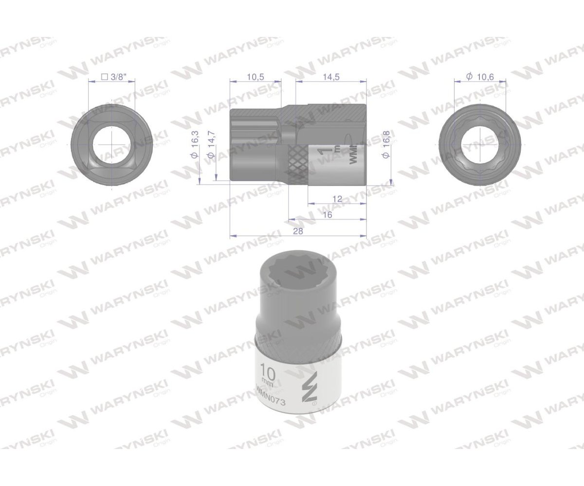 Nasadka dwunastokątna 3/8". 10 mm. CrV50BV30. DIN 3124. Waryński