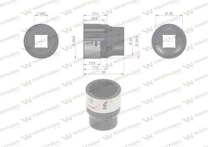 Nasadka dwunastokątna 3/8". 19 mm. CrV50BV30. DIN 3124. Waryński