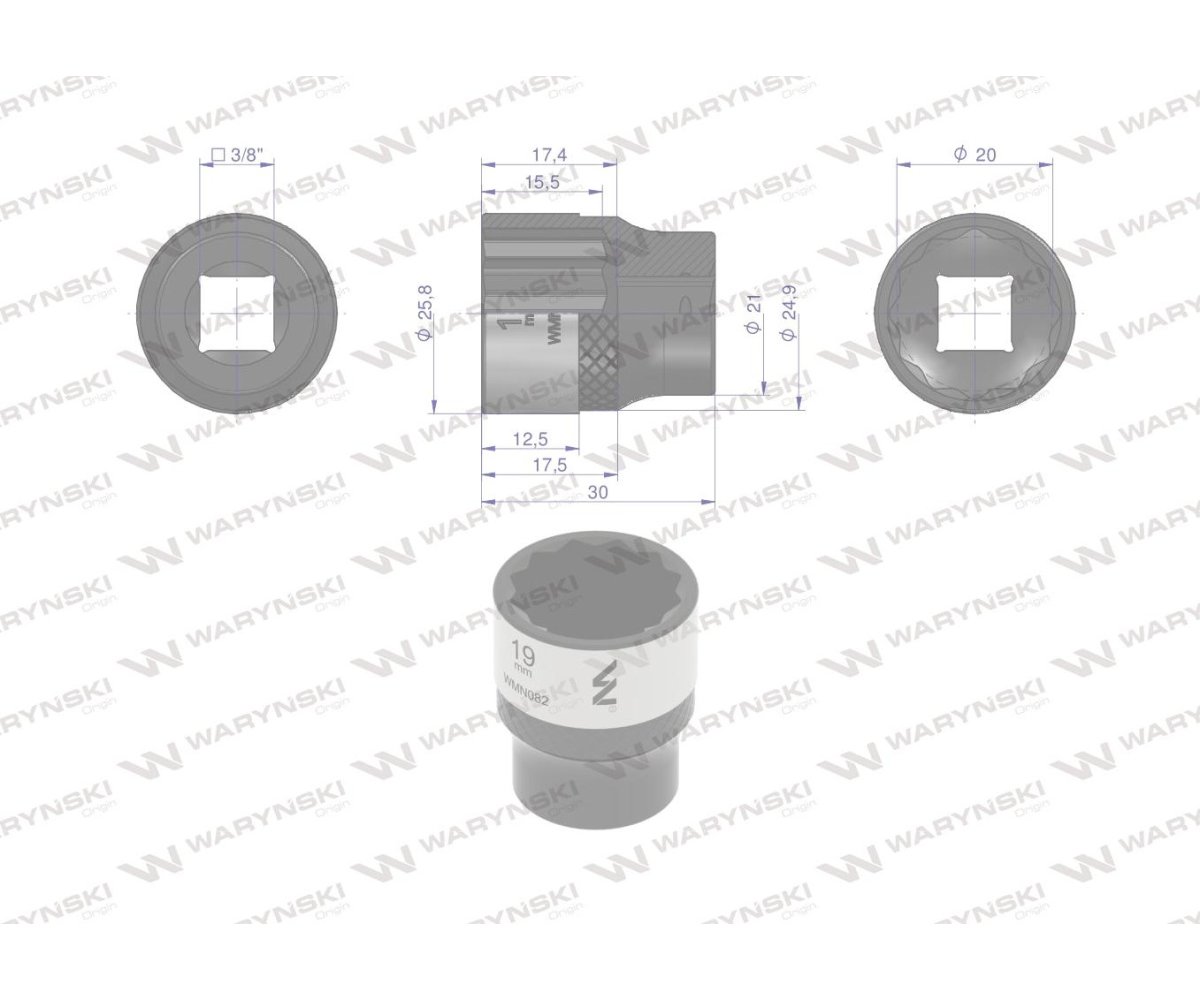 Nasadka dwunastokątna 3/8". 19 mm. CrV50BV30. DIN 3124. Waryński