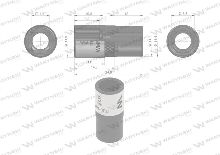Nasadka dwunastokątna 1/4". 8 mm. CrV50BV30. DIN 3124. Waryński