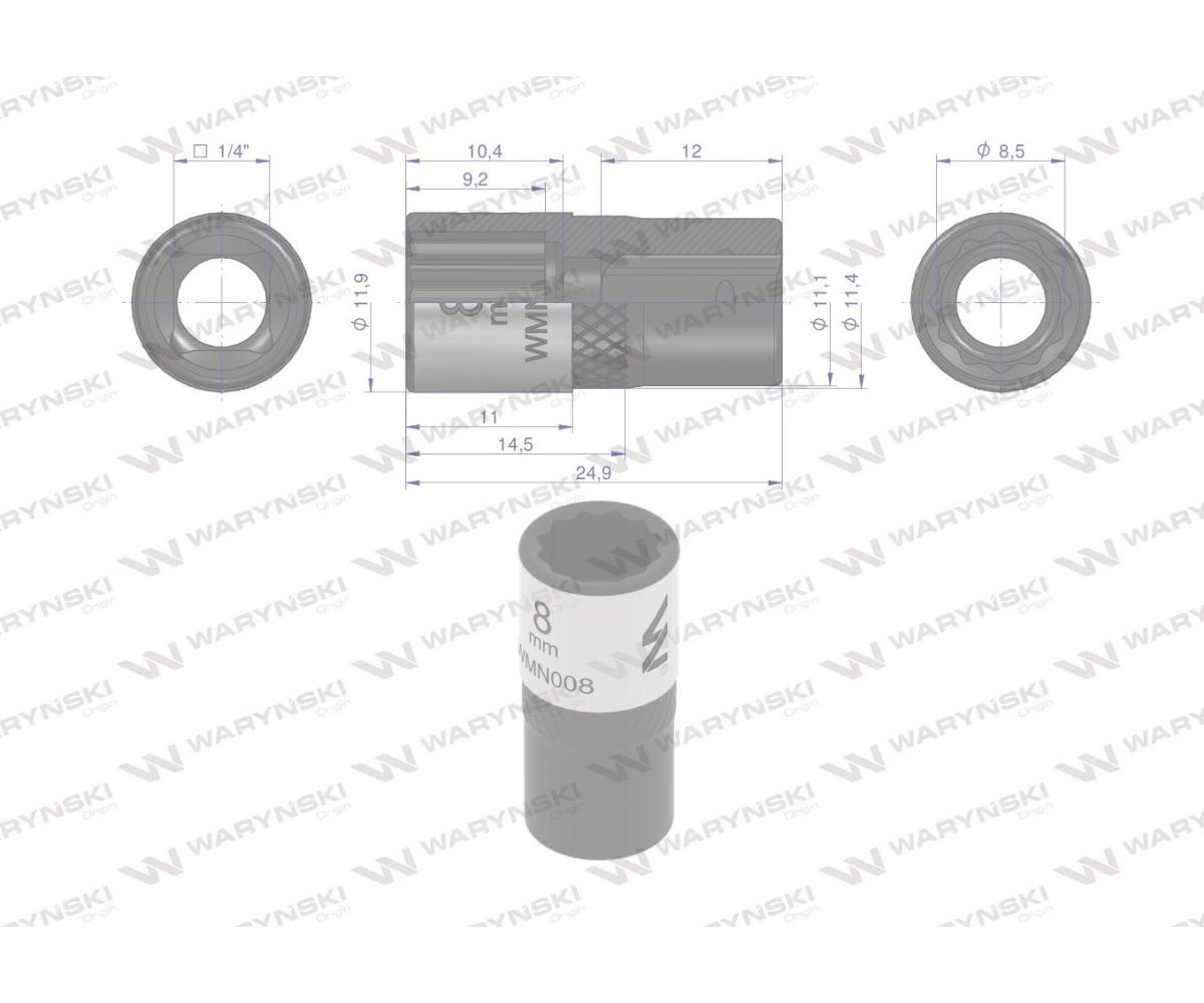 Nasadka dwunastokątna 1/4". 8 mm. CrV50BV30. DIN 3124. Waryński