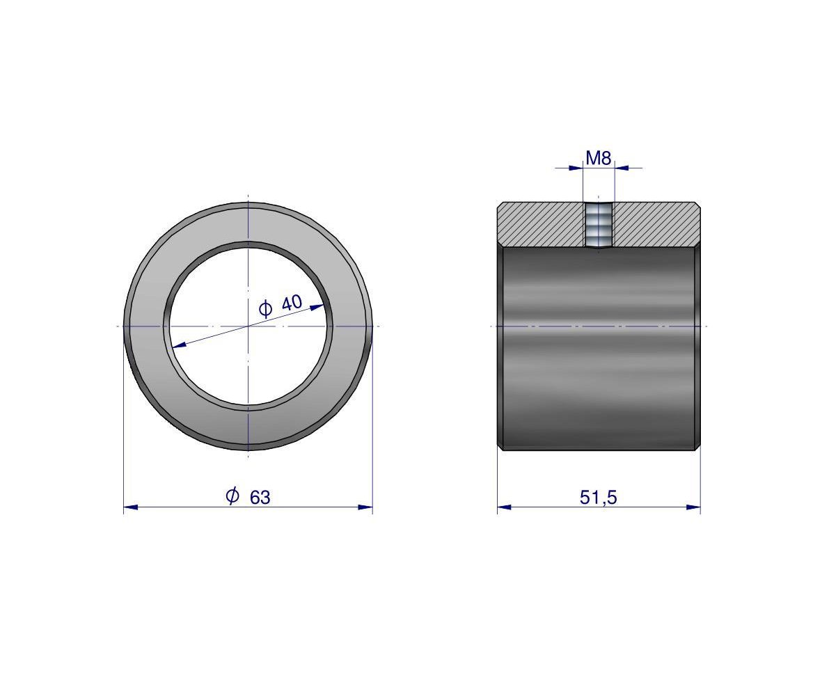 Tuleja stalowa wału dzielonego 63x40x52 otwór M8 Rozrzutnik