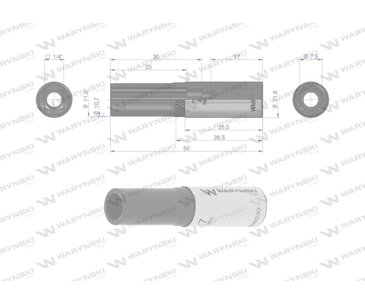 Nasadka dwunastokątna 1/4". 7 mm. długa. CrV50BV30. DIN 3124. Waryński