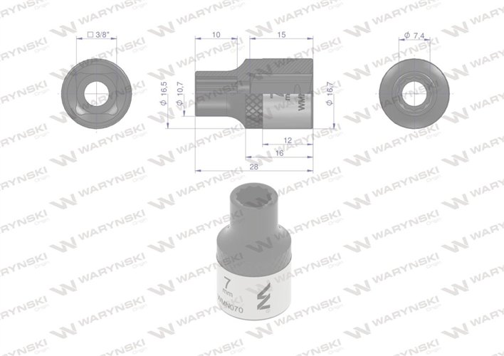 Nasadka dwunastokątna 3/8". 7 mm. CrV50BV30. DIN 3124. Waryński