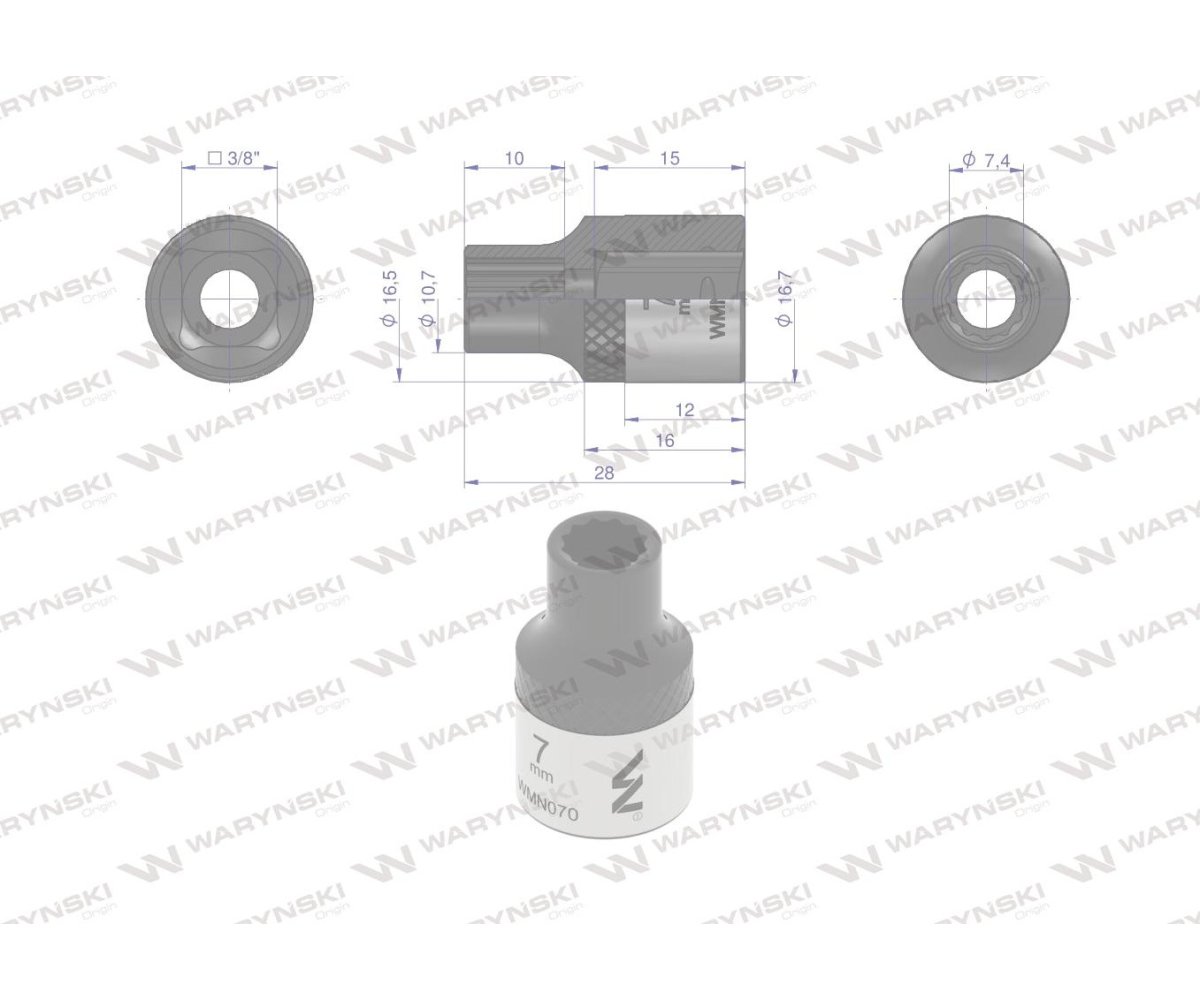 Nasadka dwunastokątna 3/8". 7 mm. CrV50BV30. DIN 3124. Waryński