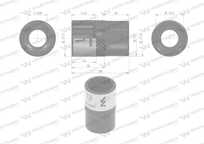 Nasadka dwunastokątna 3/8". 13 mm. CrV50BV30. DIN 3124. Waryński