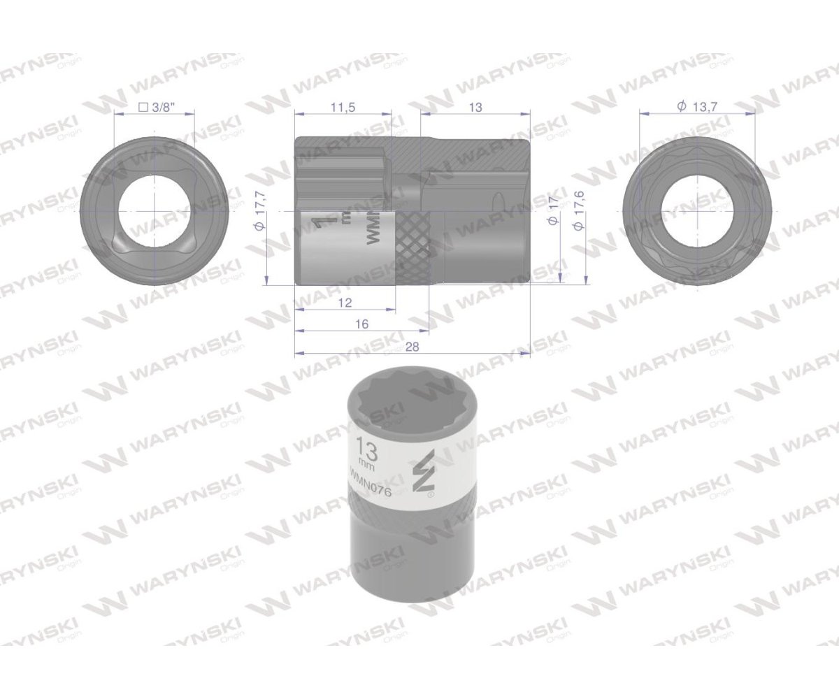Nasadka dwunastokątna 3/8". 13 mm. CrV50BV30. DIN 3124. Waryński