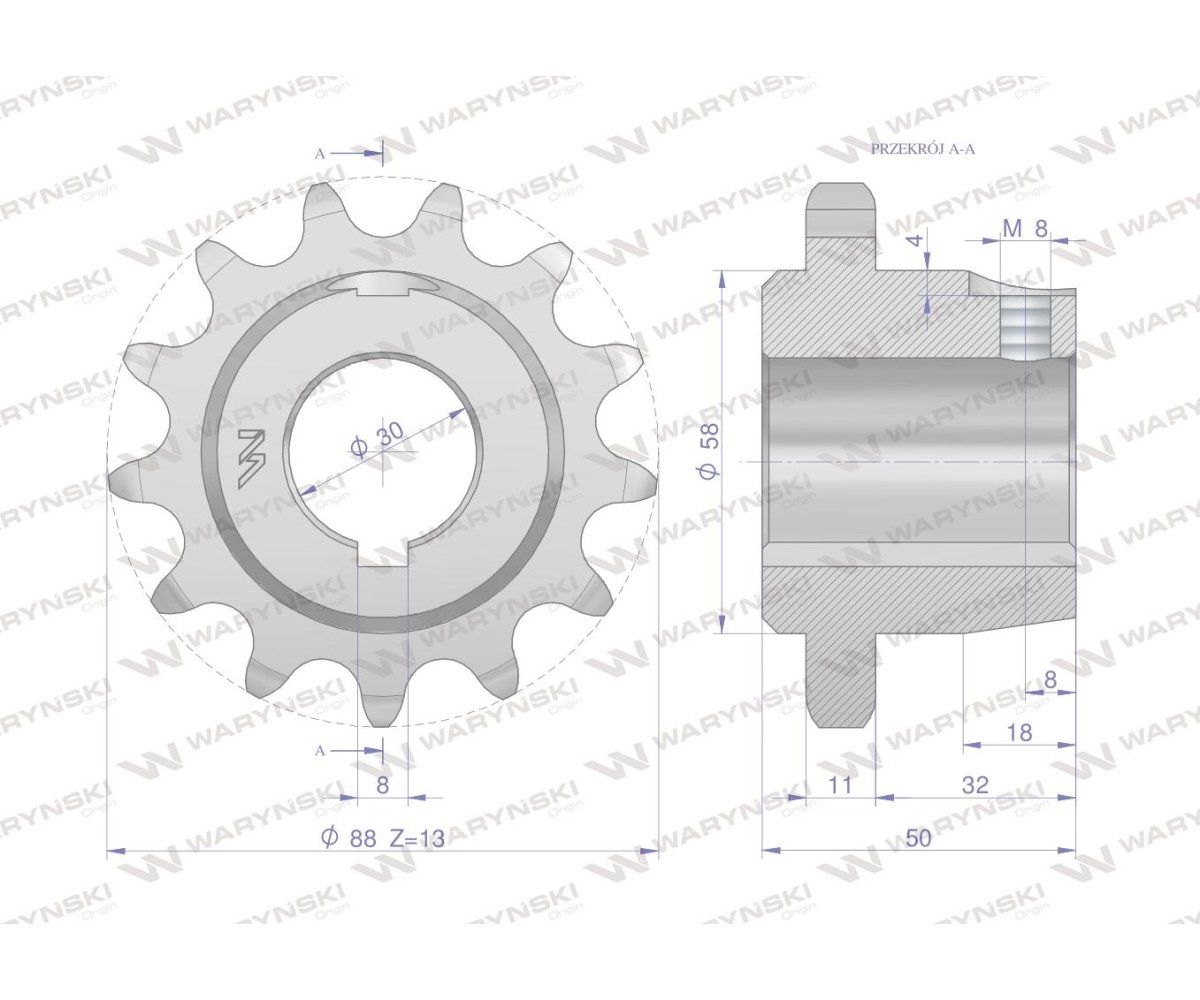 Koło łańcuchowe stalowe hartowane Z-13 3/4" fi-30 z piastą tuleją Rozrzutnik 2219060080 WARYŃSKI