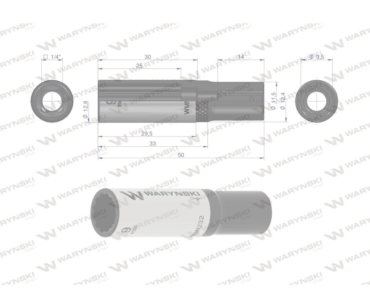 Nasadka dwunastokątna 1/4". 9 mm. długa. CrV50BV30. DIN 3124. Waryński