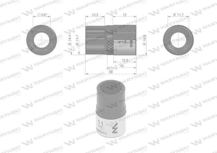 Nasadka dwunastokątna 3/8". 11 mm. CrV50BV30. DIN 3124. Waryński
