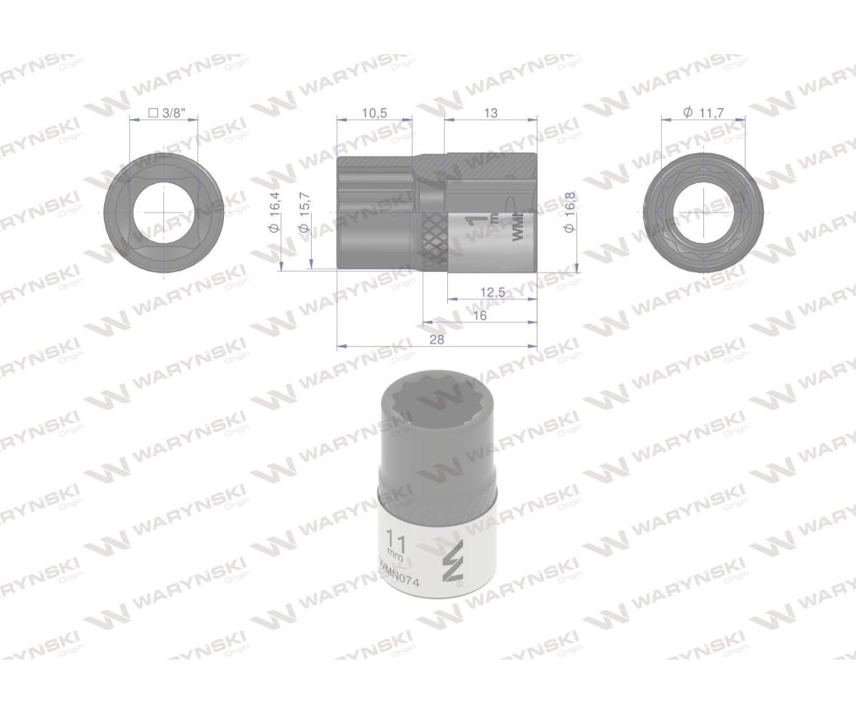 Nasadka dwunastokątna 3/8". 11 mm. CrV50BV30. DIN 3124. Waryński