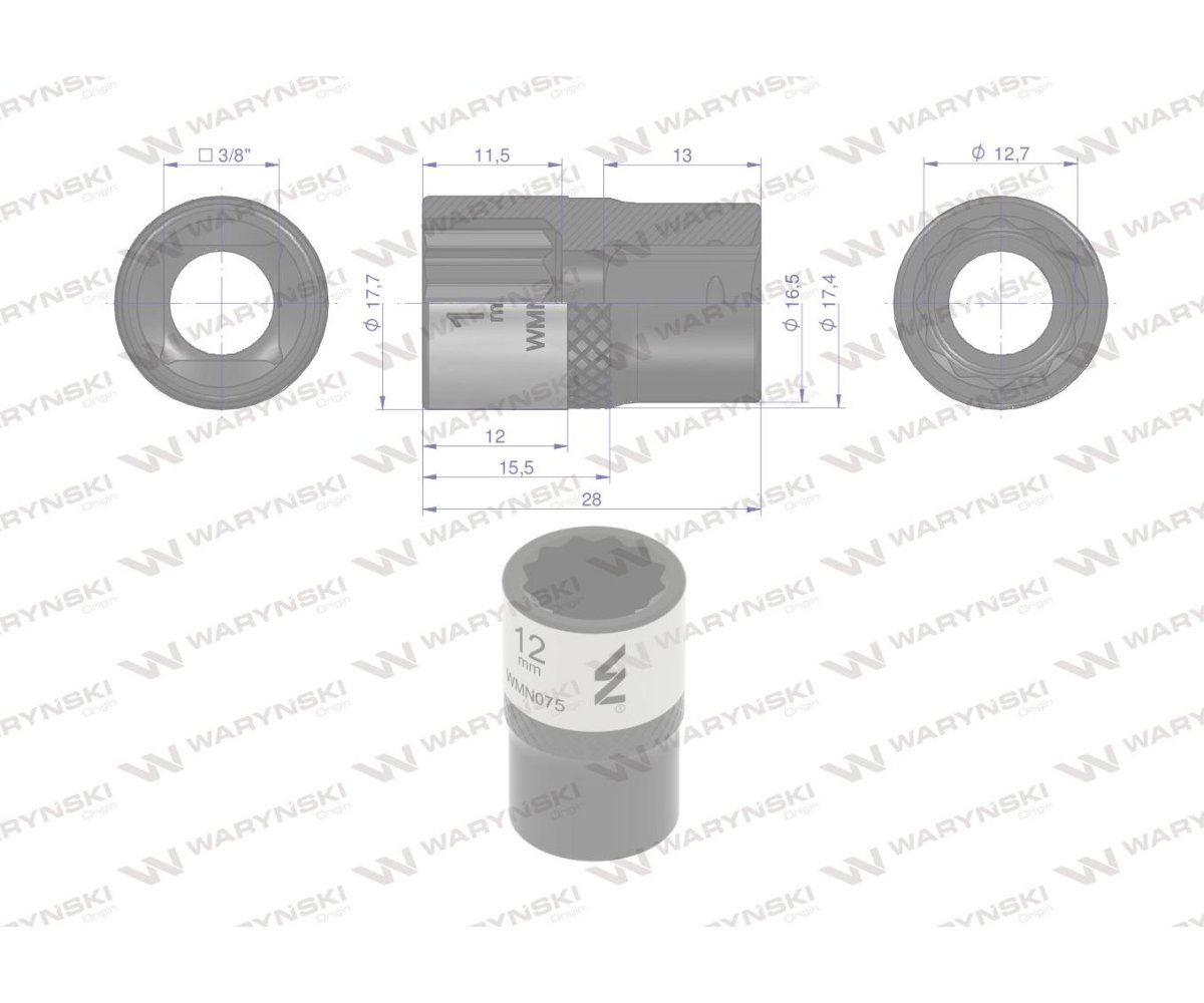 Nasadka dwunastokątna 3/8". 12 mm. CrV50BV30. DIN 3124. Waryński