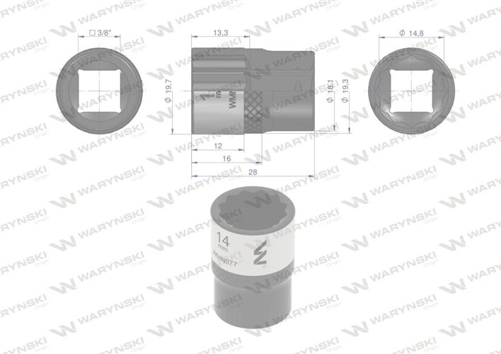 Nasadka dwunastokątna 3/8". 14 mm. CrV50BV30. DIN 3124. Waryński