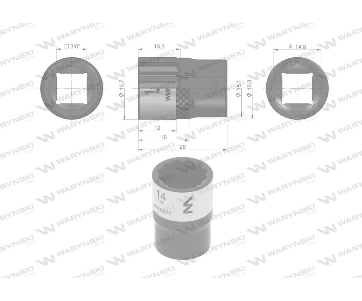 Nasadka dwunastokątna 3/8". 14 mm. CrV50BV30. DIN 3124. Waryński