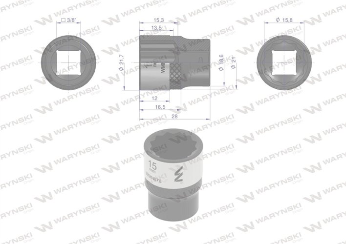 Nasadka dwunastokątna 3/8". 15 mm. CrV50BV30. DIN 3124. Waryński